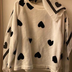 LOFT VELOUR HEART PRINT CREW SWEATSHIRT, SZ XL - with matching heart scarf